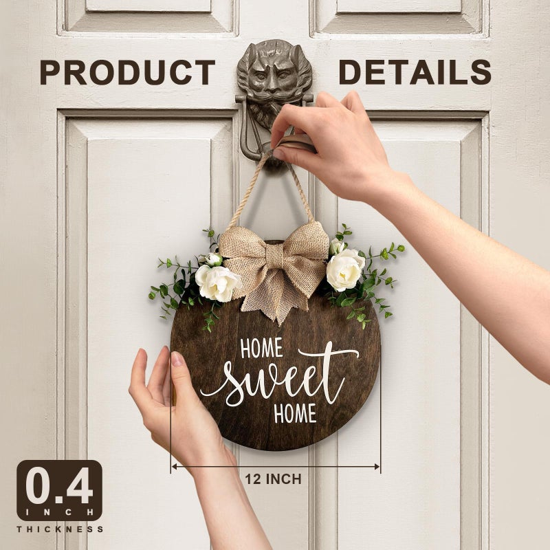 DOFAFALA Home Sweet Home Farmhouse Welcome Sign, Round Wood Hanging Door Decor with Ribbon Bow and Faux Greenery, Rustic Porch Wreath for Thanksgiving, Christmas, Brown Front Door Hanger - Image 3